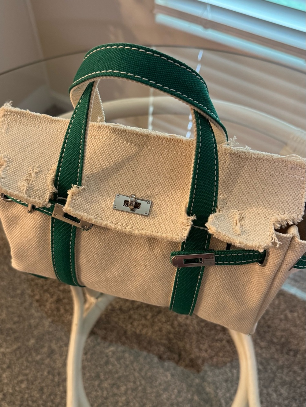 Canvas Mini Satchel Tote with Green Trim